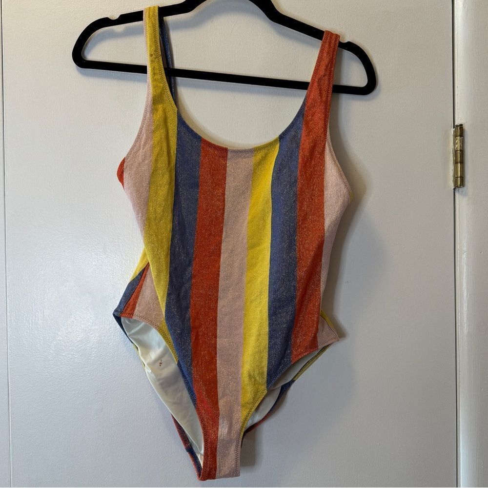 ANTHROPOLOGIE SOLID & STRIPED Anne-Marie One-Piece Swimsuit Purple Yellow Red L - Picture 5 of 9